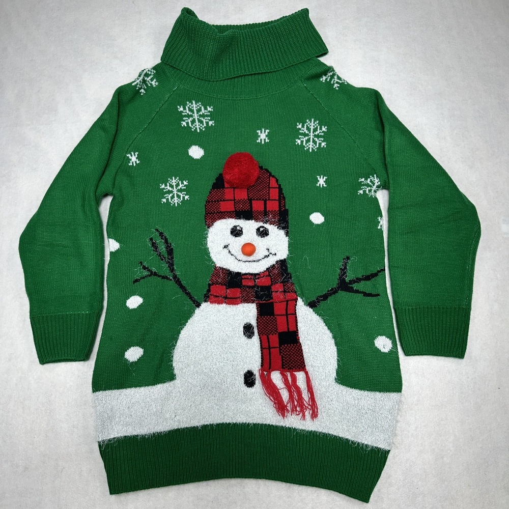 Women's Christmas Snowman Sweater Sz Small Green Buffalo Plaid 3D Pom Pom